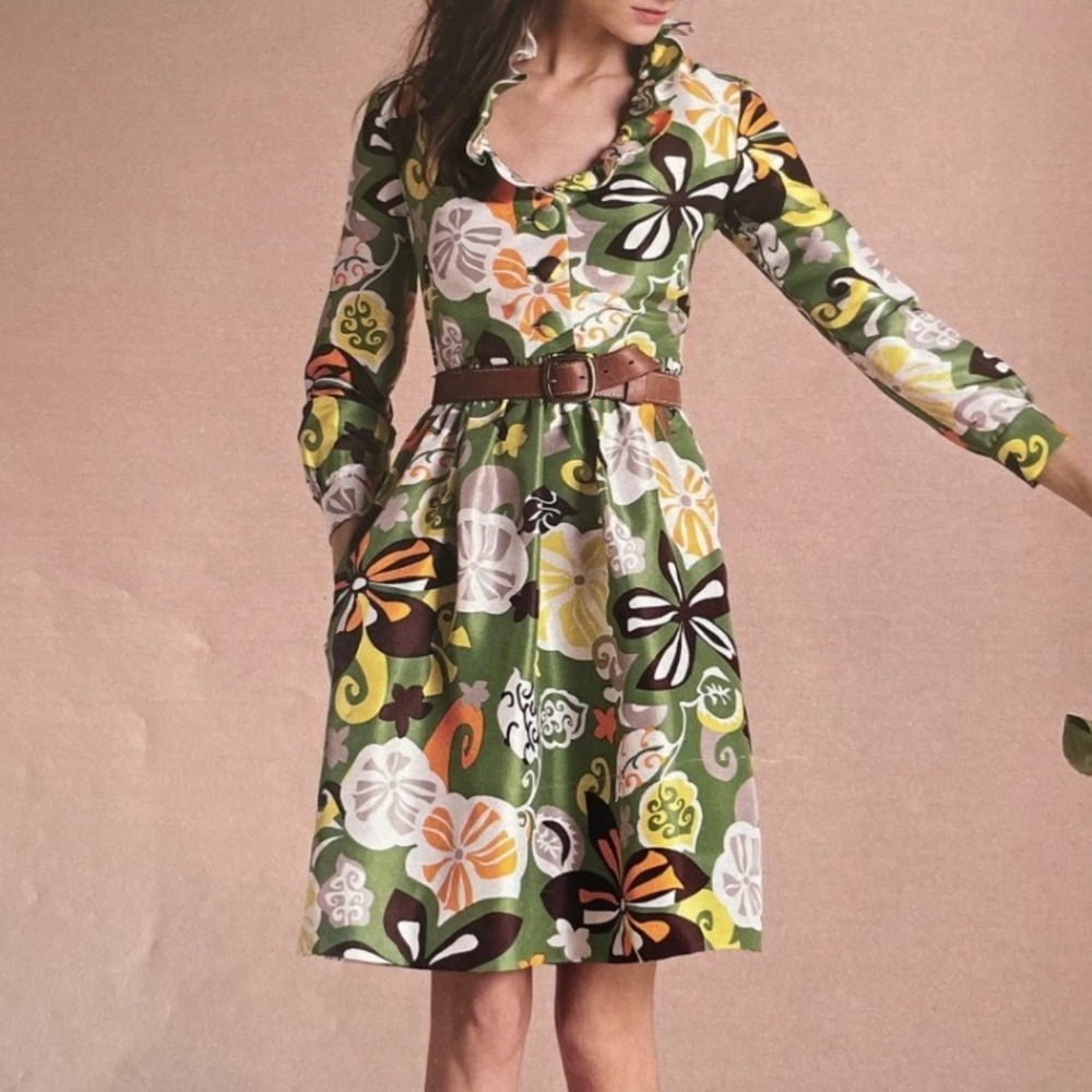 J.Crew Collection Bahia Print Silk Shirtdress Green Floral Ruffle Sz 0 Mod Retro
